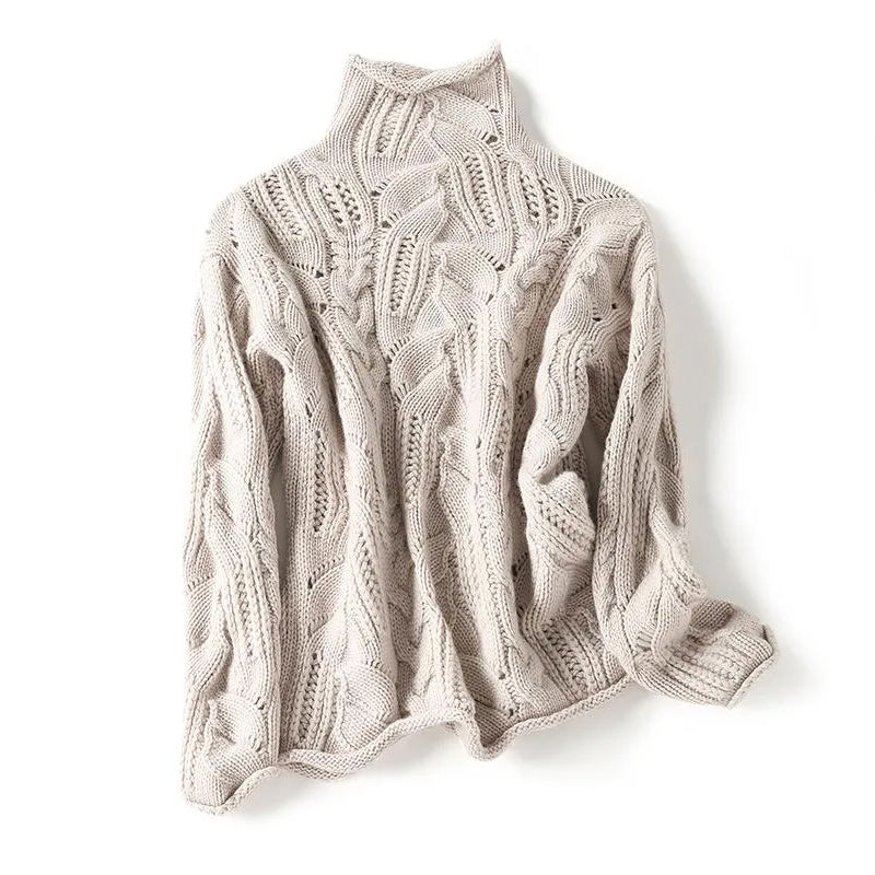 Women's ivory cashmere turtleneck sweater with textured layered knit pattern for fall-winter style