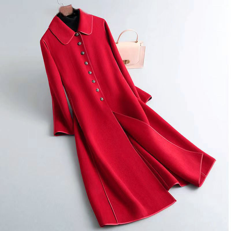 Women's reversible long coat rounded collar A-line silhouette dual-tone versatile all-season outerwear