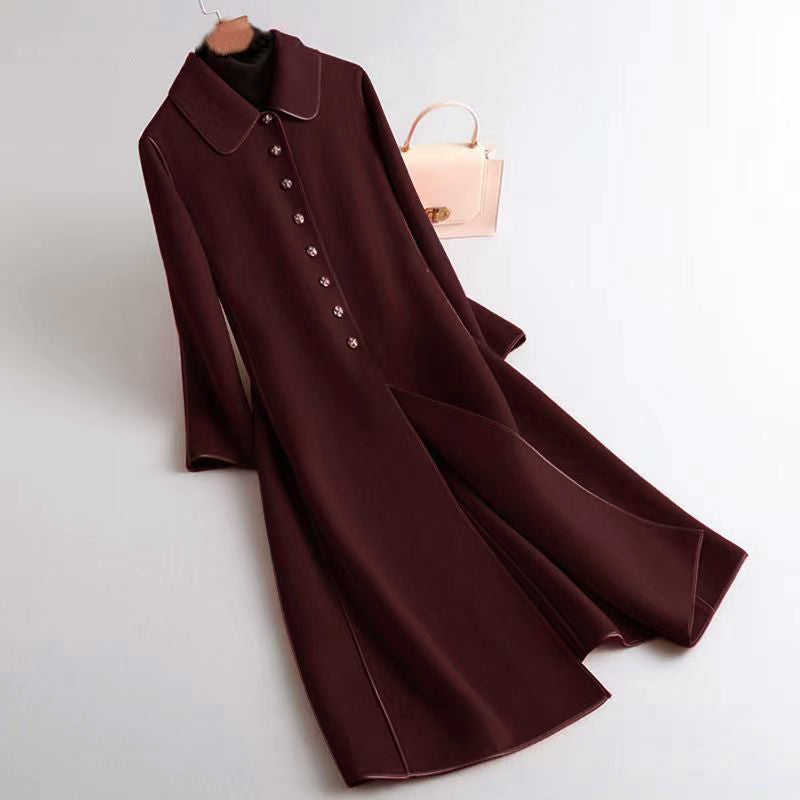 Women's reversible long A-line coat rounded collar dual-tone versatile all-season day-to-night outerwear