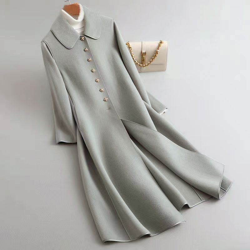 Women's reversible long A-line coat rounded collar dual-tone versatile all-season day-to-night outerwear