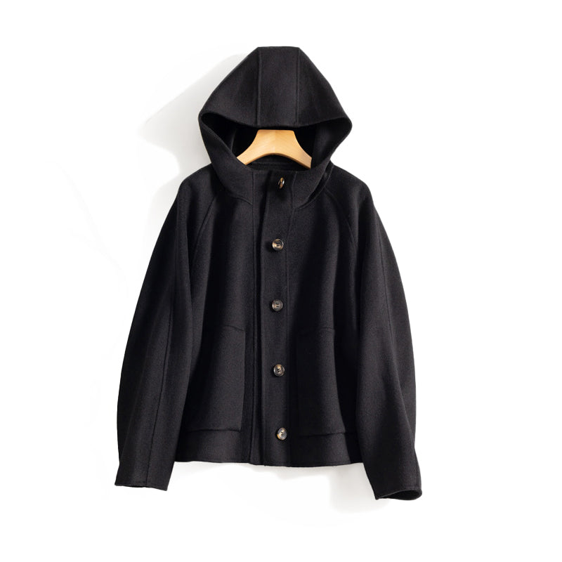 Women reversible wool hooded coat button-front double-sided fabric elegant polished silhouette