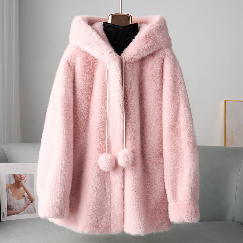 Women's beige fleece hooded coat relaxed fit thigh length open front with playful pom details