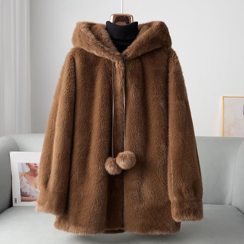 Women's cozy fleece hooded coat relaxed fit thigh length open front with playful pom details