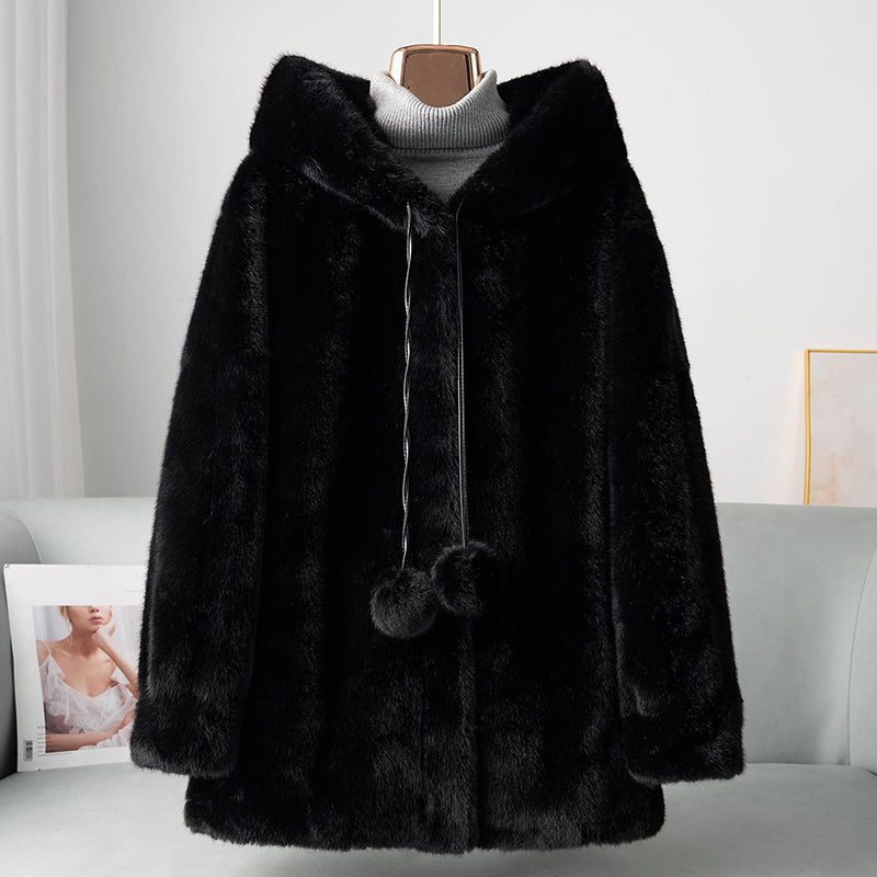 Women's cozy fleece hooded coat relaxed fit thigh length open front with playful pom details