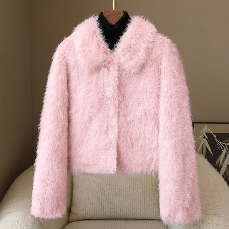 Women's short faux fur coat mink-style plush texture chic winter warmth with faux leather lining