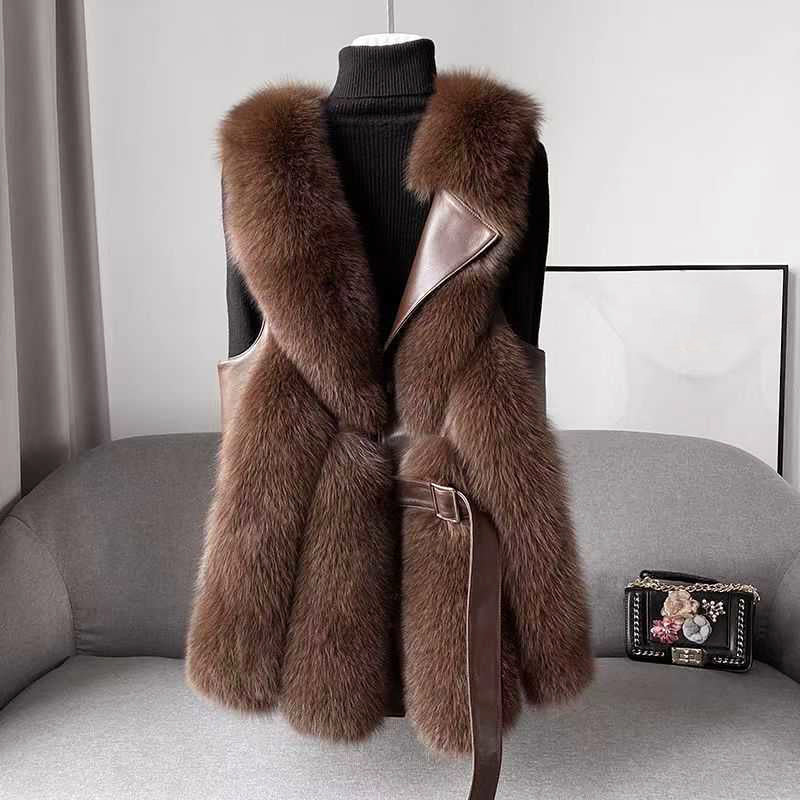 Women's faux fur vest belted waist faux leather trim sleeveless hip-length luxurious layering piece