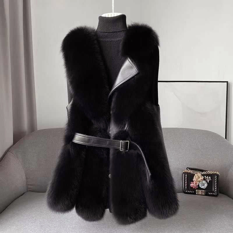 Women's plush faux fur vest belted waist faux leather trim sleeveless hip-length layering piece