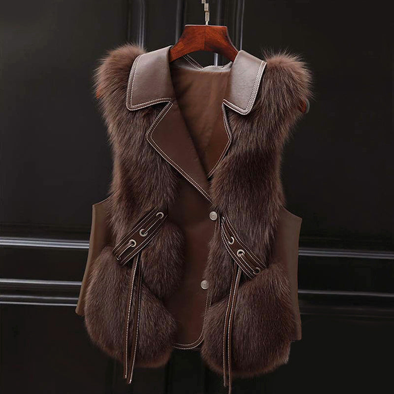 Women's fluffy faux fur vest with wide lapel collar, waist tie, hip-length, cozy cold weather layering piece