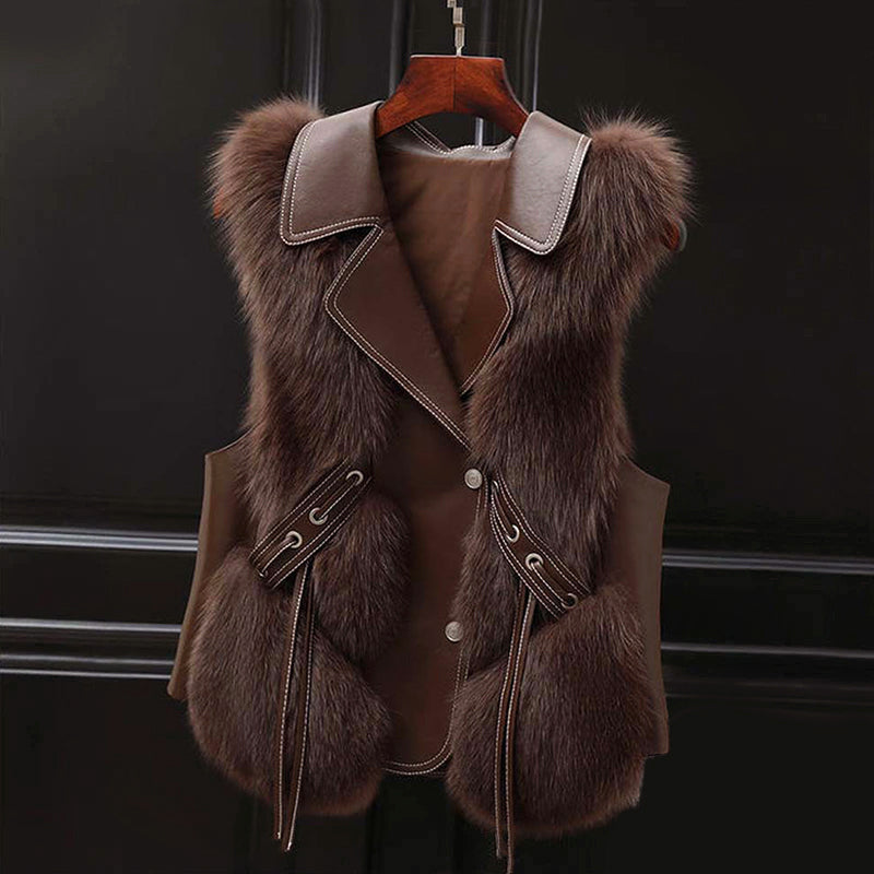 Women's fluffy faux fur vest with wide lapel collar, waist tie, hip-length, cozy cold weather layering piece