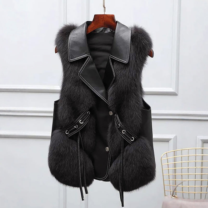 Women's hip-length faux fur vest, cream fluffy texture, wide lapel collar, belted waist tie