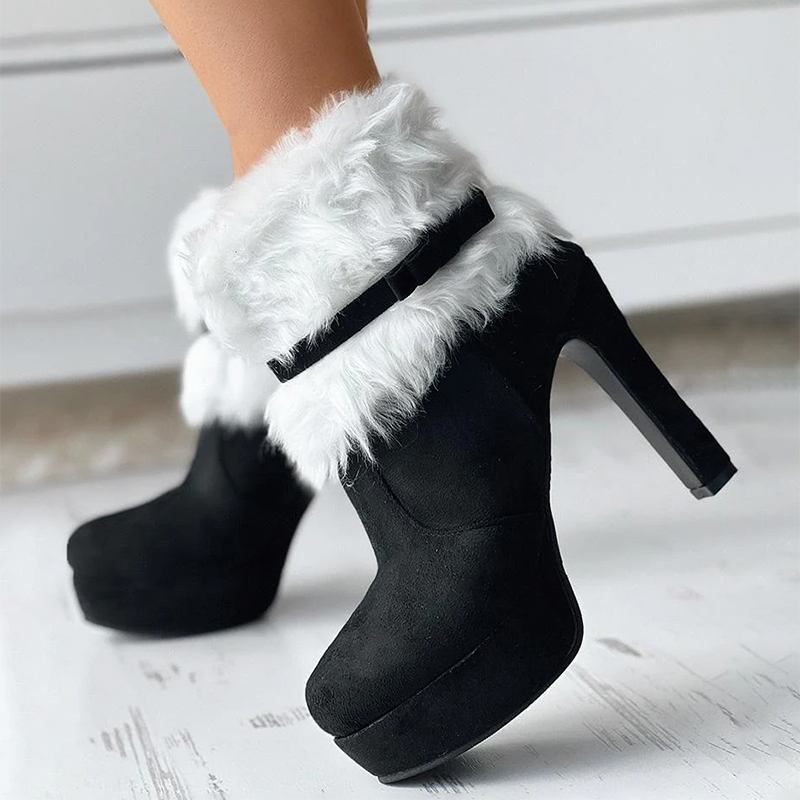 Women's festive black ankle boots with faux fur collar, bow accent, block heel platform