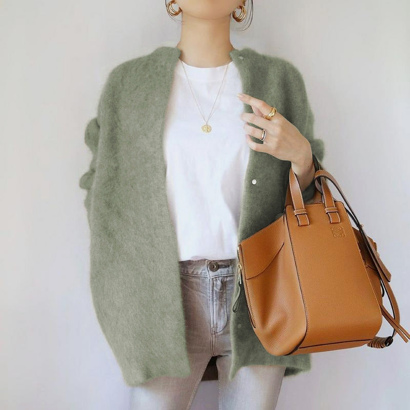 Women's fuzzy knit open-front cardigan relaxed fit hip-length cozy layering essential