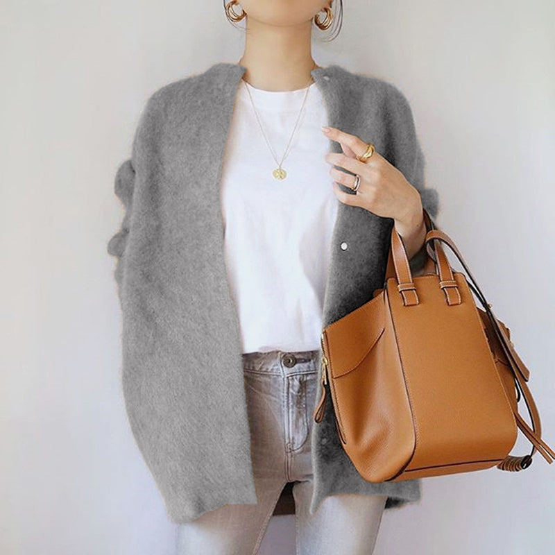 Women's fuzzy knit open-front cardigan relaxed fit hip-length cozy layering essential
