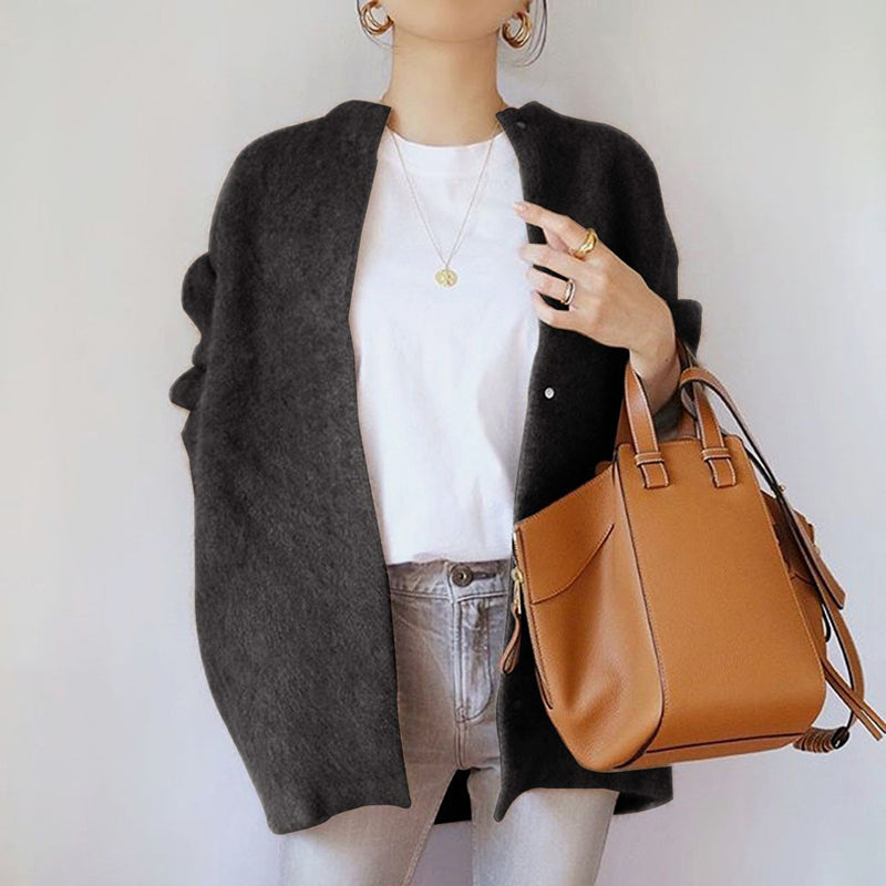 Women's fuzzy knit open-front cardigan relaxed fit hip-length cozy layering essential