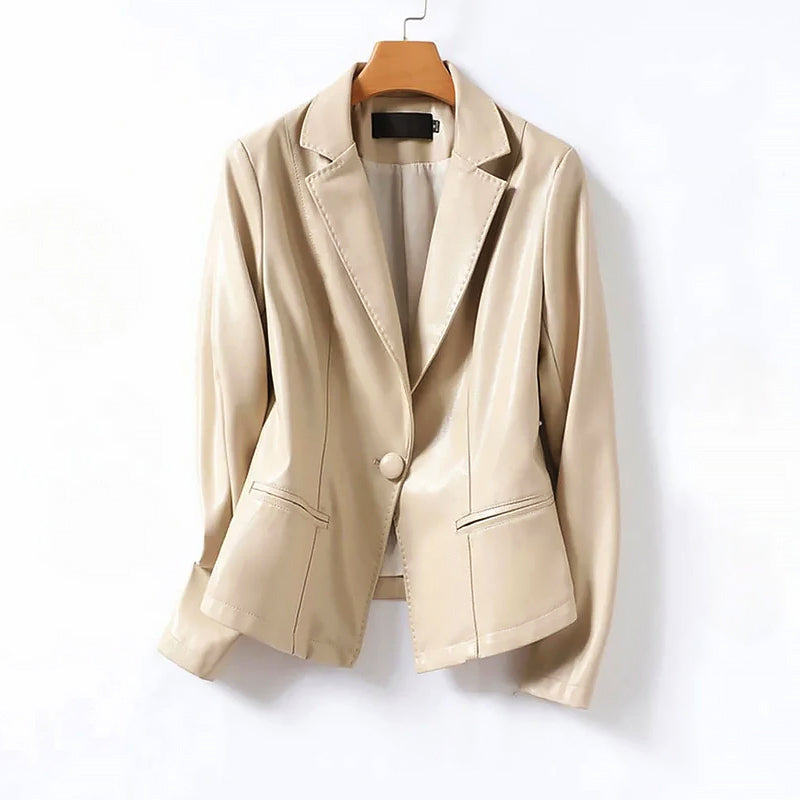 Women's black genuine leather blazer jacket sleek single-button tailored fit hip-length day-to-night