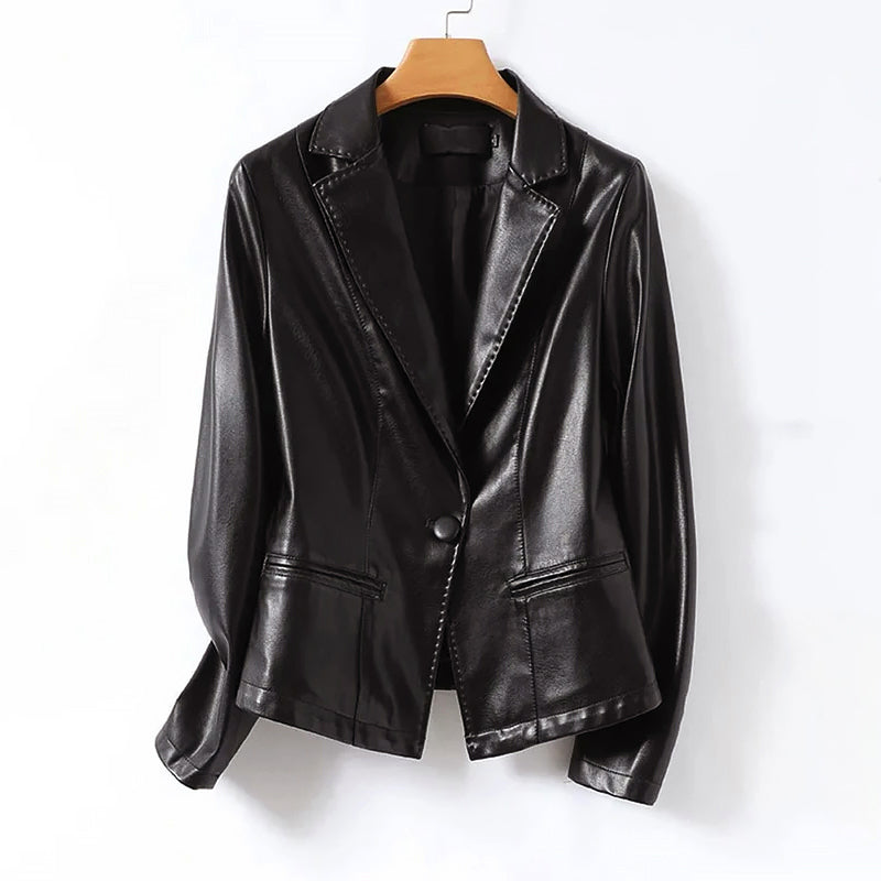 Women's black genuine leather blazer jacket sleek single-button tailored fit hip-length day-to-night