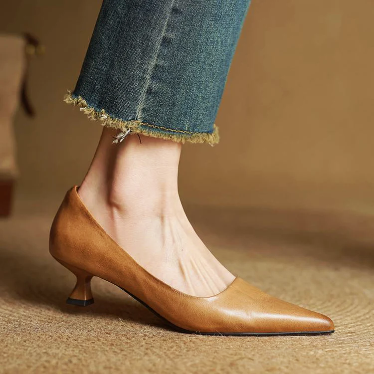 Women's genuine leather pointed-toe kitten heel slip-on office shoes sleek professional silhouette