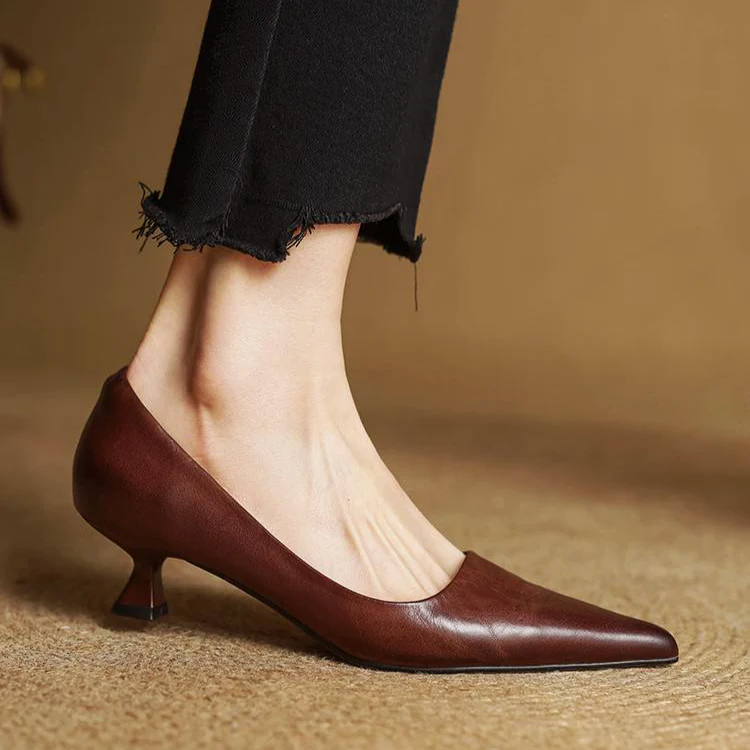Women's genuine leather pointed toe kitten heel slip-on office shoes sleek professional style