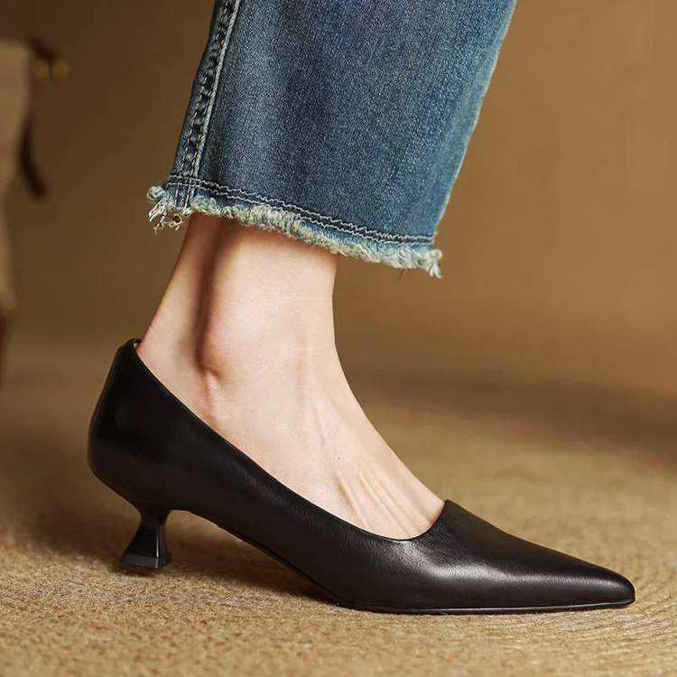 Women's genuine leather pointed-toe kitten heel slip-on office shoes sleek professional silhouette