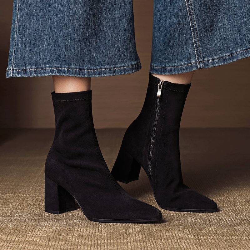 Women's genuine suede ankle boots block heel side zipper sleek silhouette autumn winter style