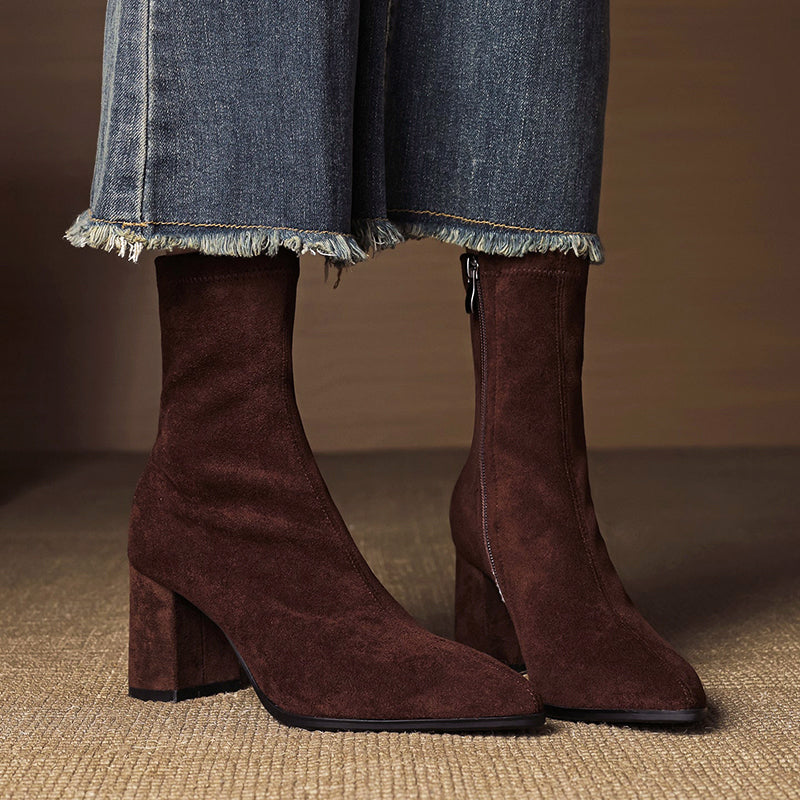 Women's genuine suede ankle boots block heel side zipper sleek silhouette autumn winter style