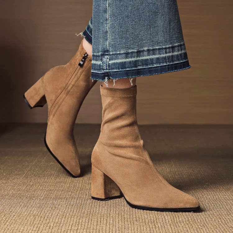 Women's genuine suede ankle boots block heel side zipper sleek silhouette autumn winter
