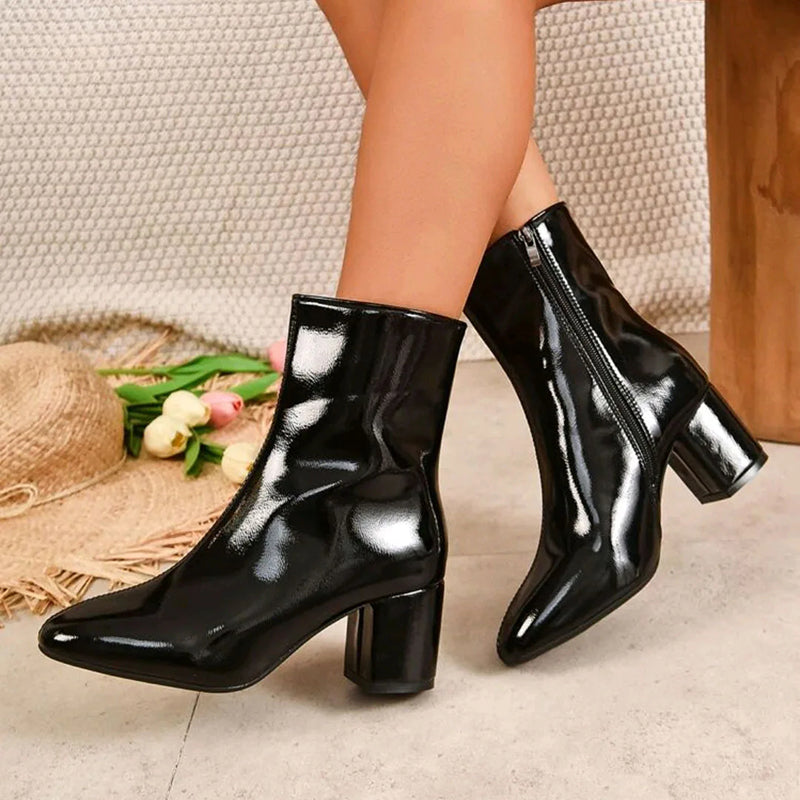 Women's glossy PU leather ankle boots with block heel, side zipper closure, sleek everyday chic style