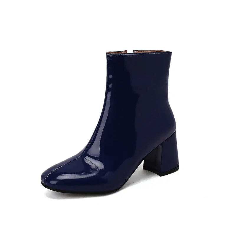 Women's glossy black PU leather ankle boots with block heel, sleek high-gloss finish for all-day comfort