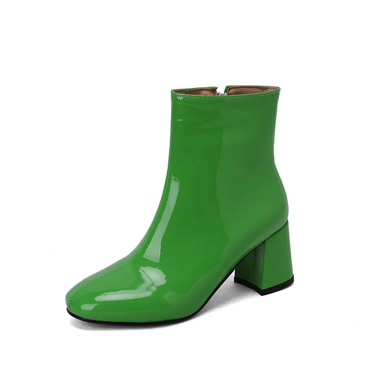 Women's glossy black PU leather ankle boots with block heel, sleek high-gloss finish for all-day comfort