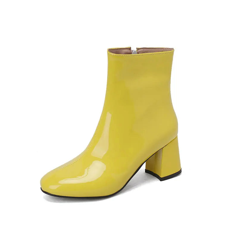 Women's black glossy PU leather ankle boots with block heel, sleek high-gloss finish for all-day comfort