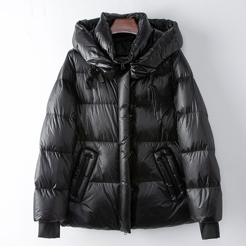Women's black quilted hooded puffer jacket relaxed fit hip-length with textured quilted finish