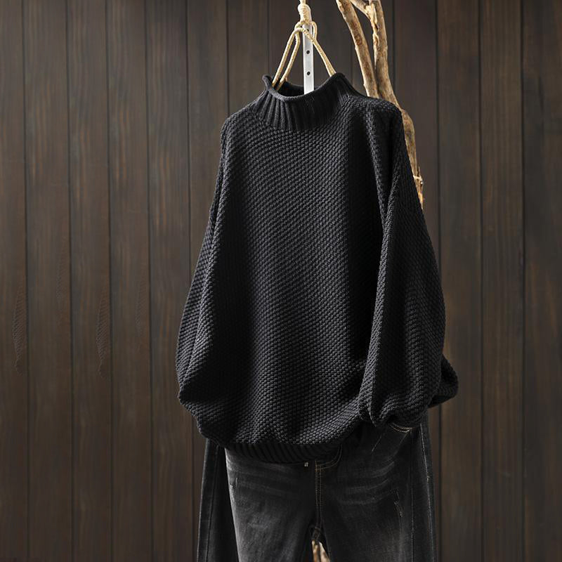Women's cream textured knit wool-blend sweater high neck relaxed fit hip-length everyday layer