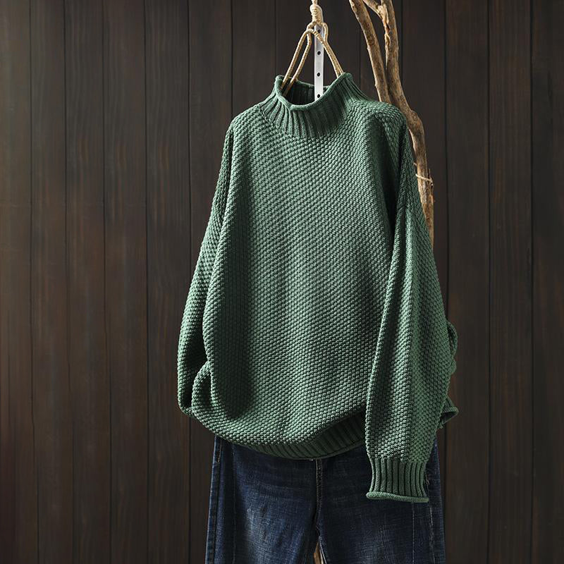 Women's cream textured knit wool-blend sweater high neck relaxed fit hip length layering