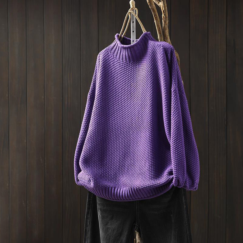 Women's cream textured knit wool-blend sweater high neck relaxed fit hip length layering