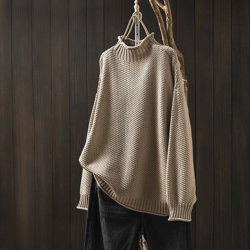 Women's cream textured knit wool-blend sweater high neck relaxed fit hip length layering