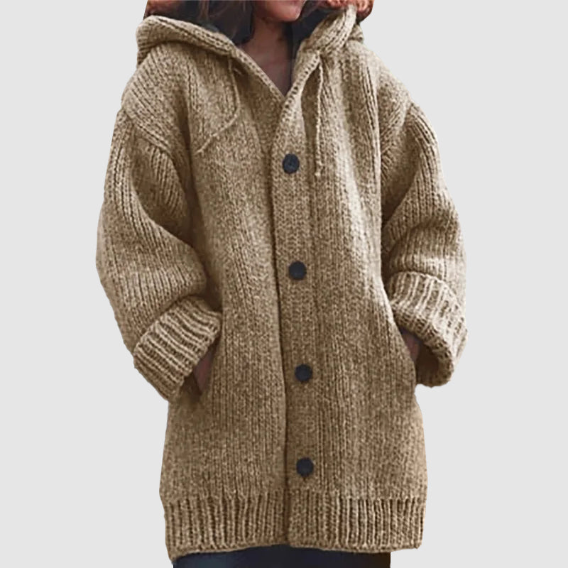 Women's oversized chunky knit hooded cardigan cozy winter layering with button front closure