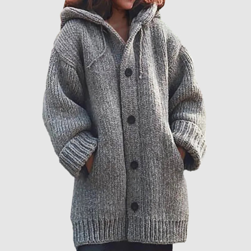 Women's oversized chunky knit hooded cardigan cozy winter layering piece with button front closure