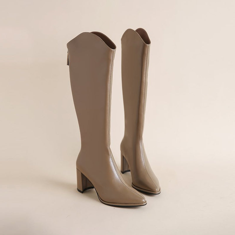 Women's black knee-high block heel dress boots sleek PU leather streamlined silhouette