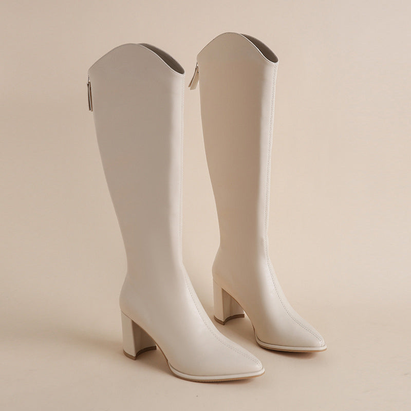 Women's black knee-high block heel dress boots sleek PU leather streamlined silhouette