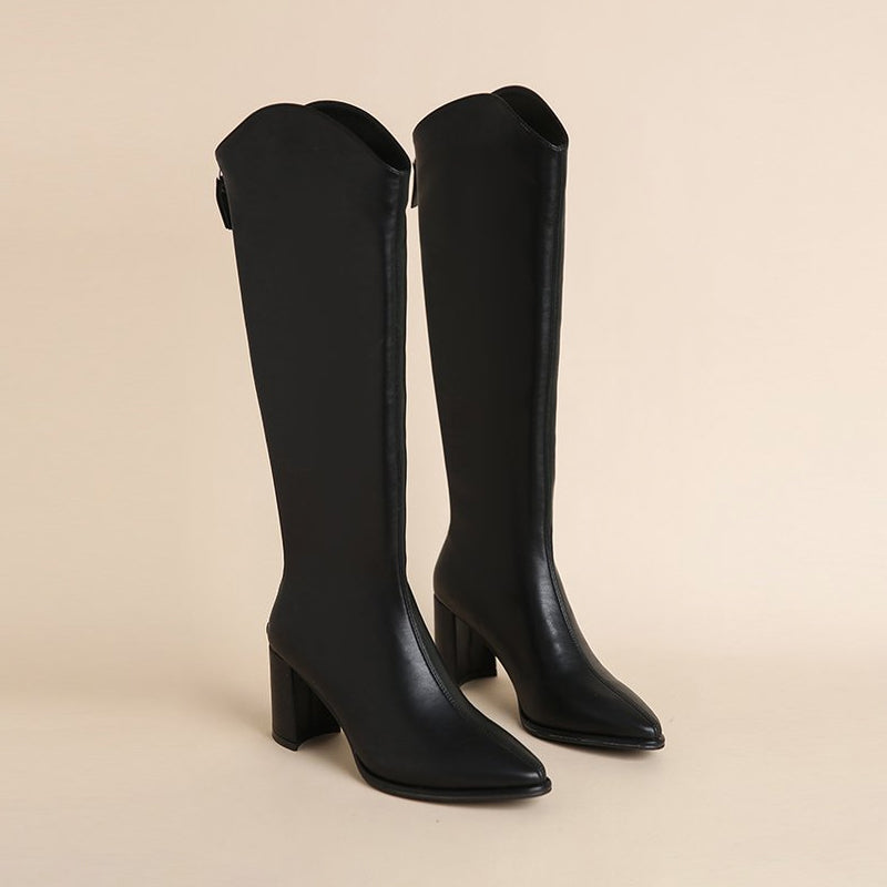 Women's black knee-high block heel dress boots sleek PU leather streamlined silhouette