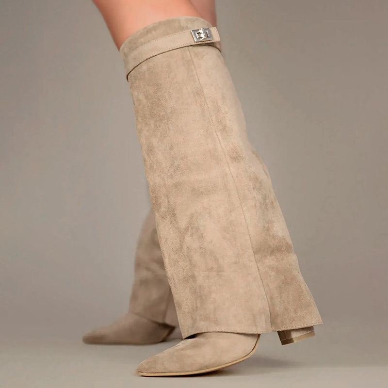Women's knee-high suede boots fold-over cuff pointed toe polished winter style