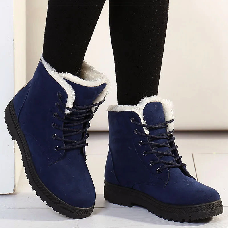Women's lace-up ankle boots with fur lining, lug sole, cozy winter style in neutral tones