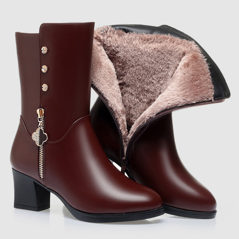 Women's black faux leather mid-calf boots block heel plush lining side zipper closure