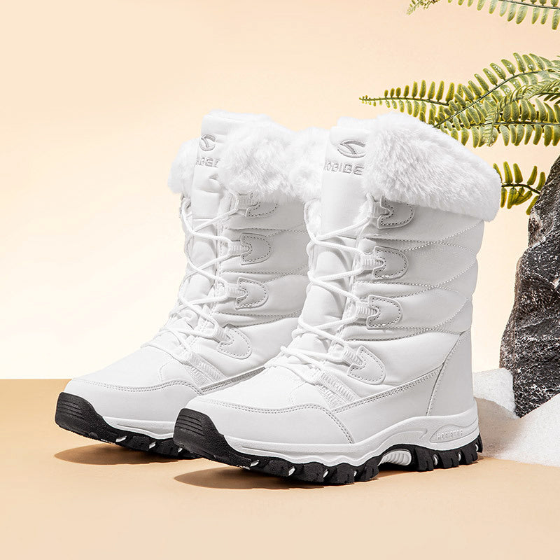 Women's mid-calf winter boots brown PU leather faux fur lining deep-tread TPR sole for snowy trails