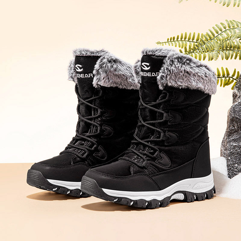 Women's mid-calf winter boots in brown PU leather with cozy faux fur lining and deep-tread TPR grip sole