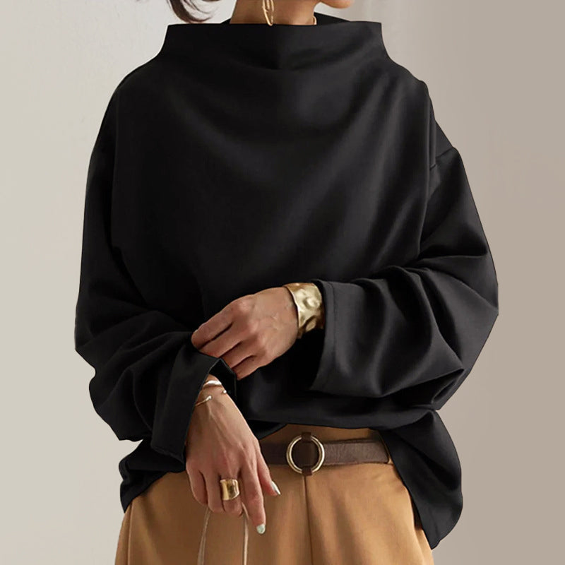 Women's oversized casual top with folded wide collar, relaxed draped fit, hip-length hem for chic layering
