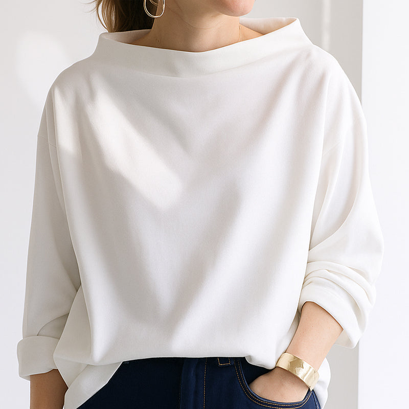 Women's oversized casual top with folded wide collar, relaxed draped fit and hip-length hem