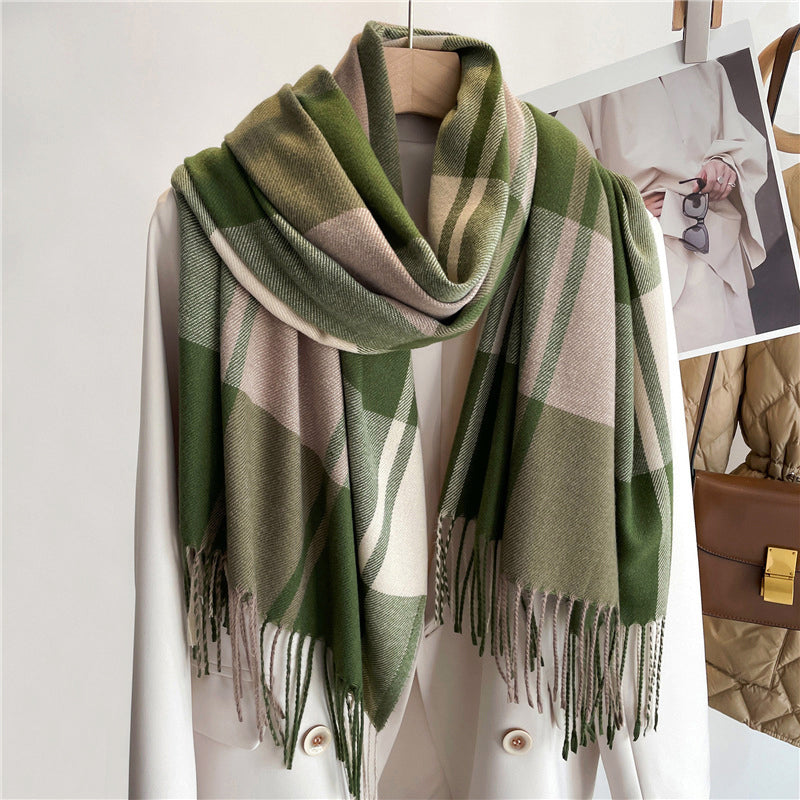 Women's plaid knit scarf cashmere-like texture cozy tassel edges warm autumn winter wrap
