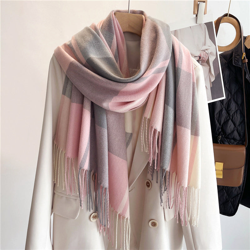 Women's plaid knit scarf cashmere-like texture cozy warm tassel edges autumn winter wrap