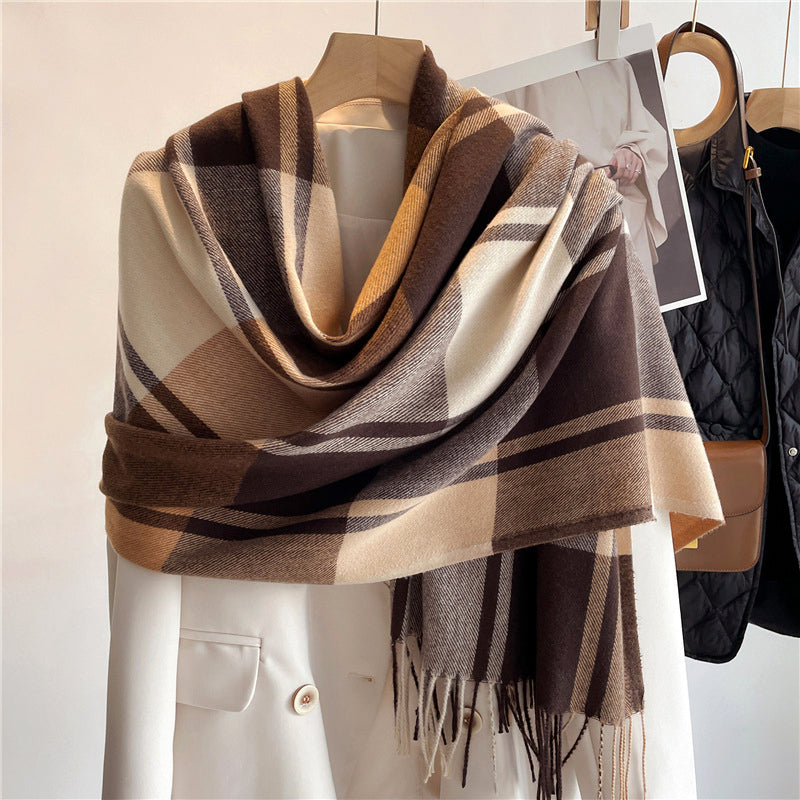 Women's plaid knit scarf cashmere-like texture cozy warm tassel edges autumn winter